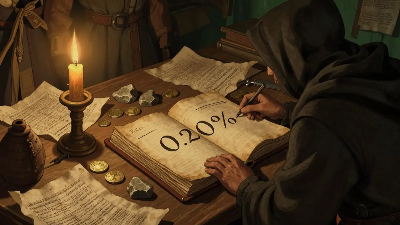 Merchant table showing simple 0.20% flat fee structure