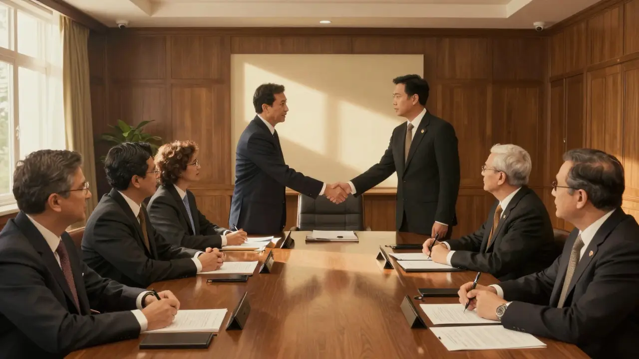 Officials and crypto reps negotiating new regulations in a sunlit meeting room