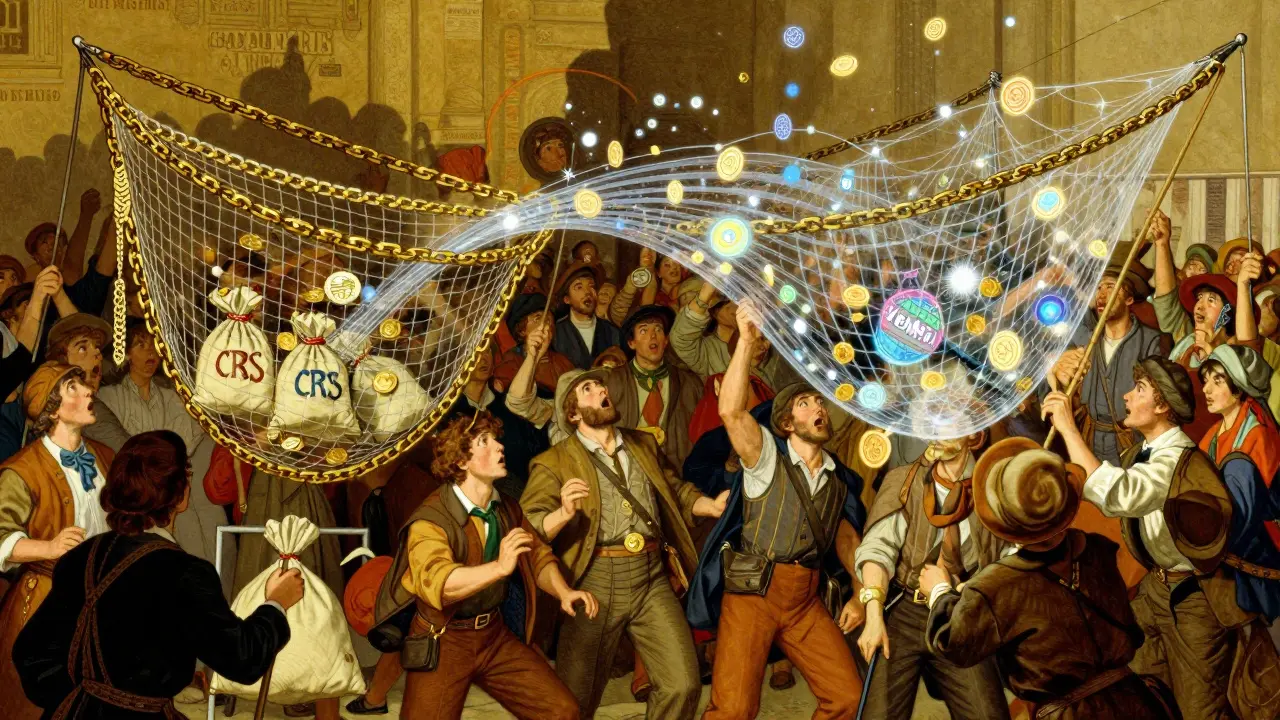Ornate nets catching coins and glowing crypto tokens