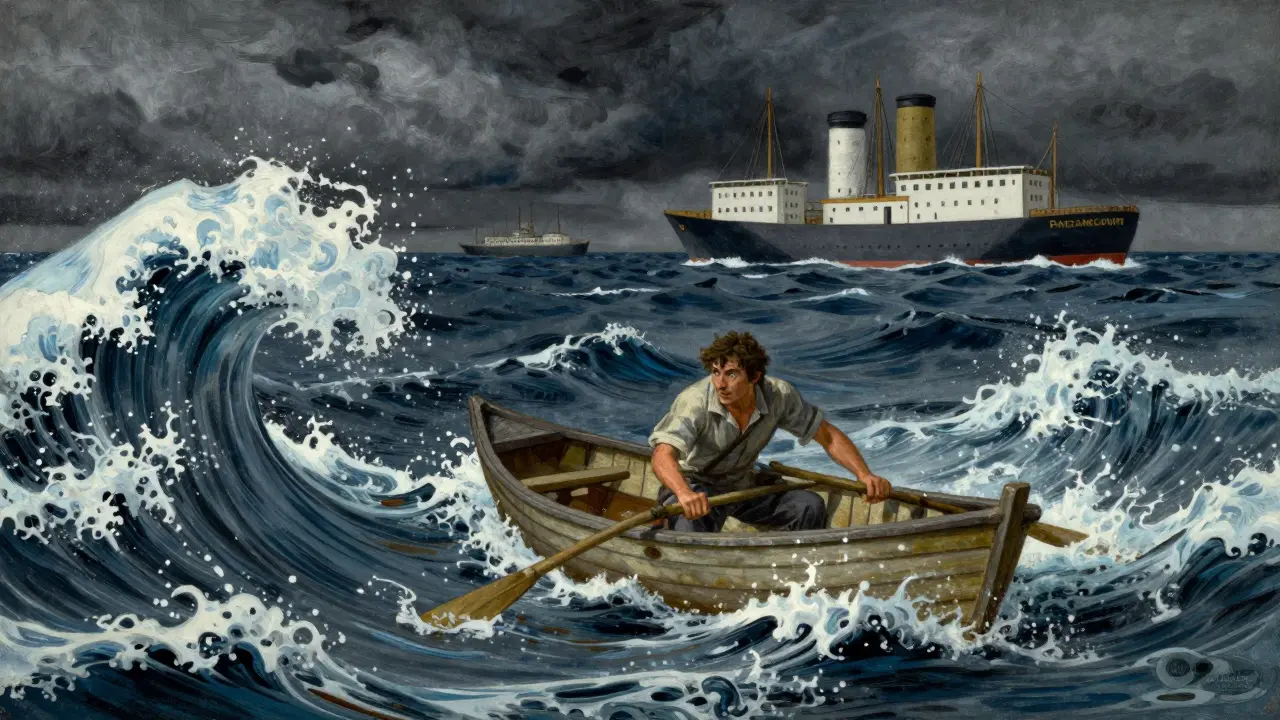 Sailor struggling in rough seas while safe ships pass by