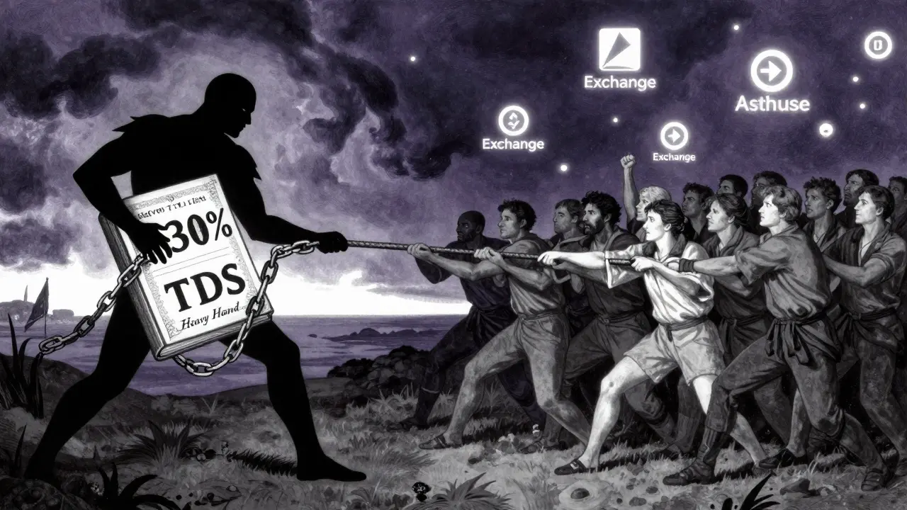 Symbolic tug-of-war between tax authorities and crypto traders under stormy skies