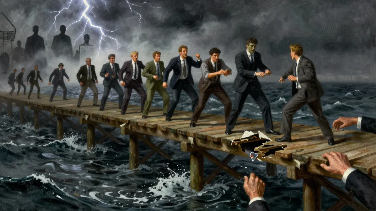 Traders on collapsing pier during rug pull scam depicted in Howard Pyle style