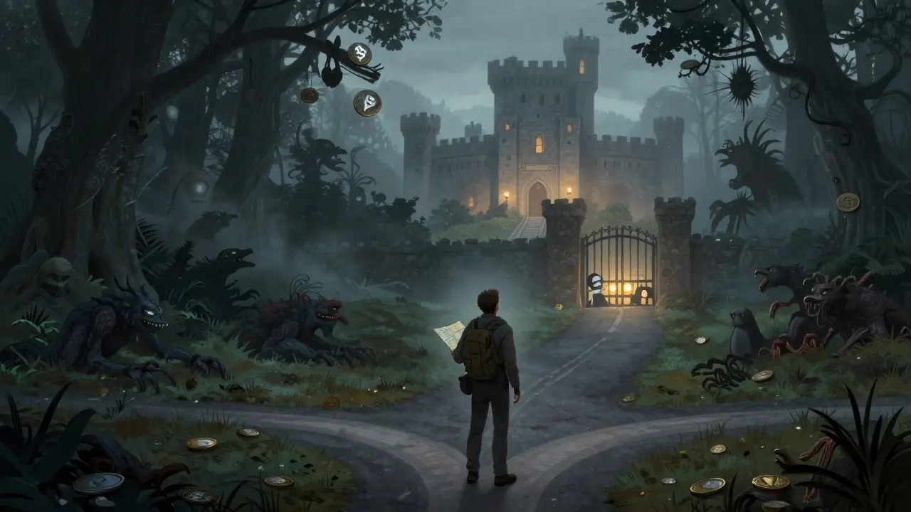 Traveler choosing between a safe regulated path and a risky dark forest