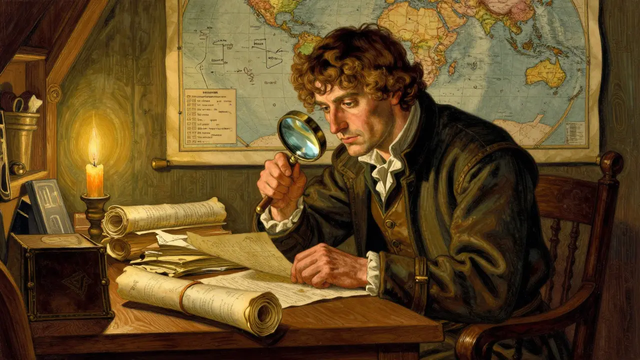 Traveler organizing scrolls and maps in a dim study