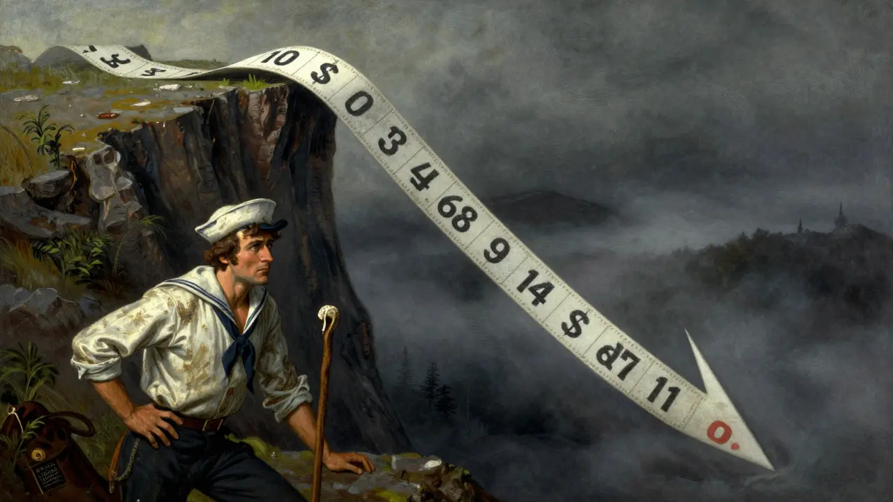 Vintage art showing a ticker tape falling from a cliff, symbolizing crypto price crash.