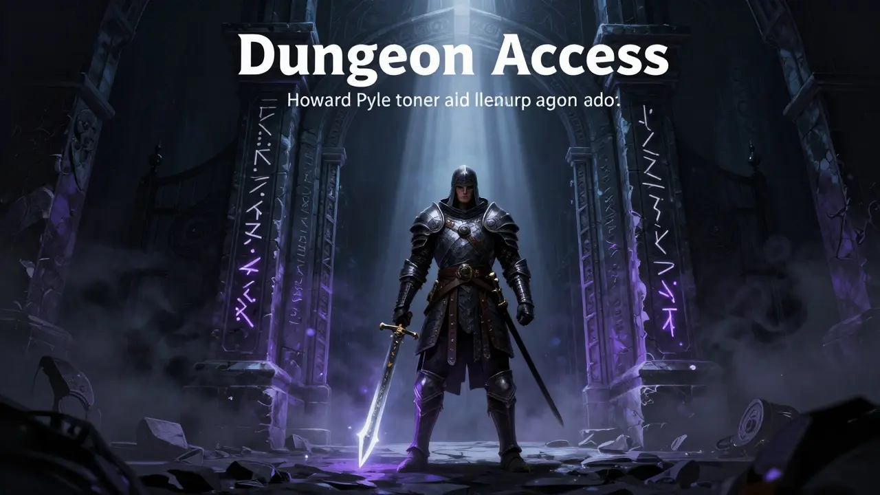 Warrior stands before mysterious dungeon gates