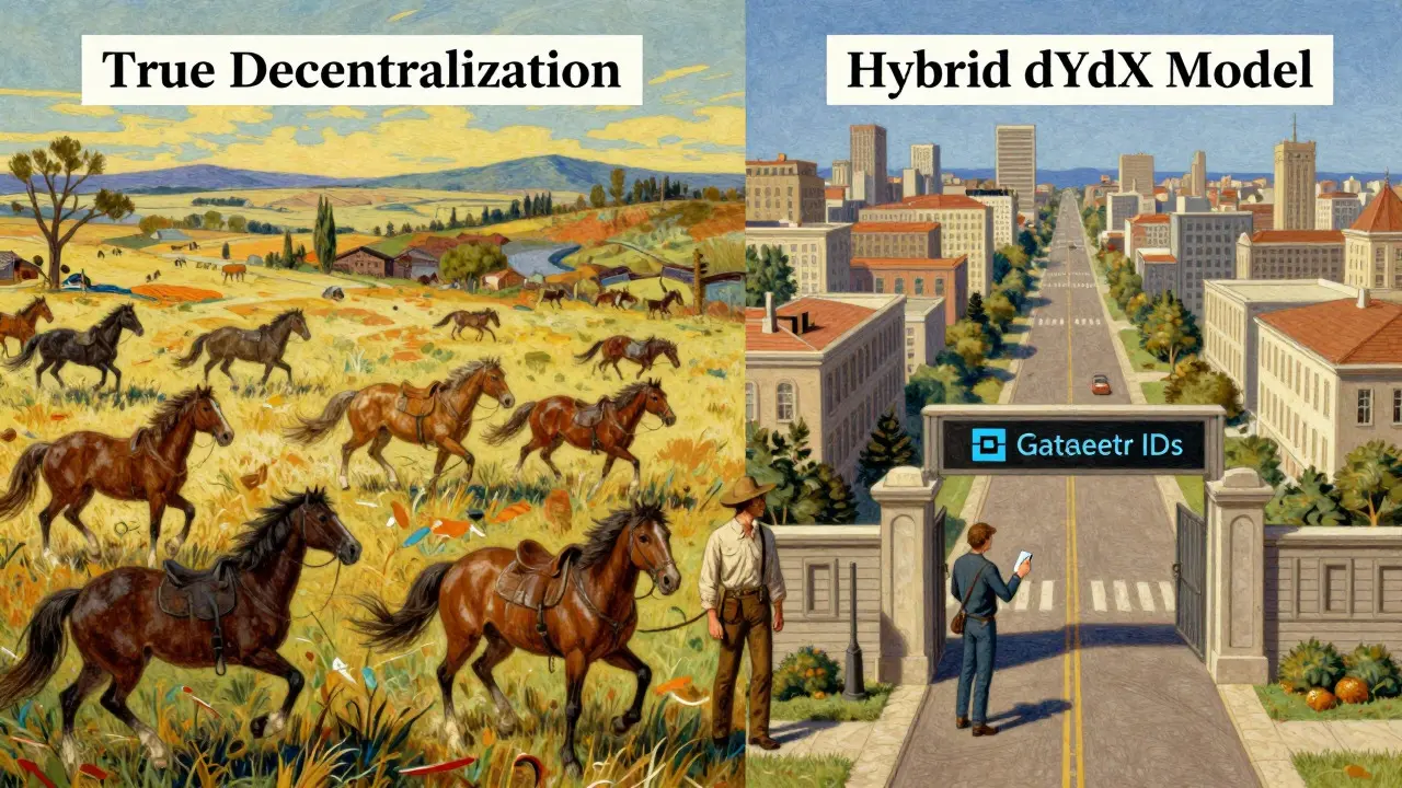 A comparative Howard Pyle-style artwork illustrating the trade-off between true decentralized chaos and the structured, permissioned hybrid model of dYdX, highlighting the balance between freedom and compliance.