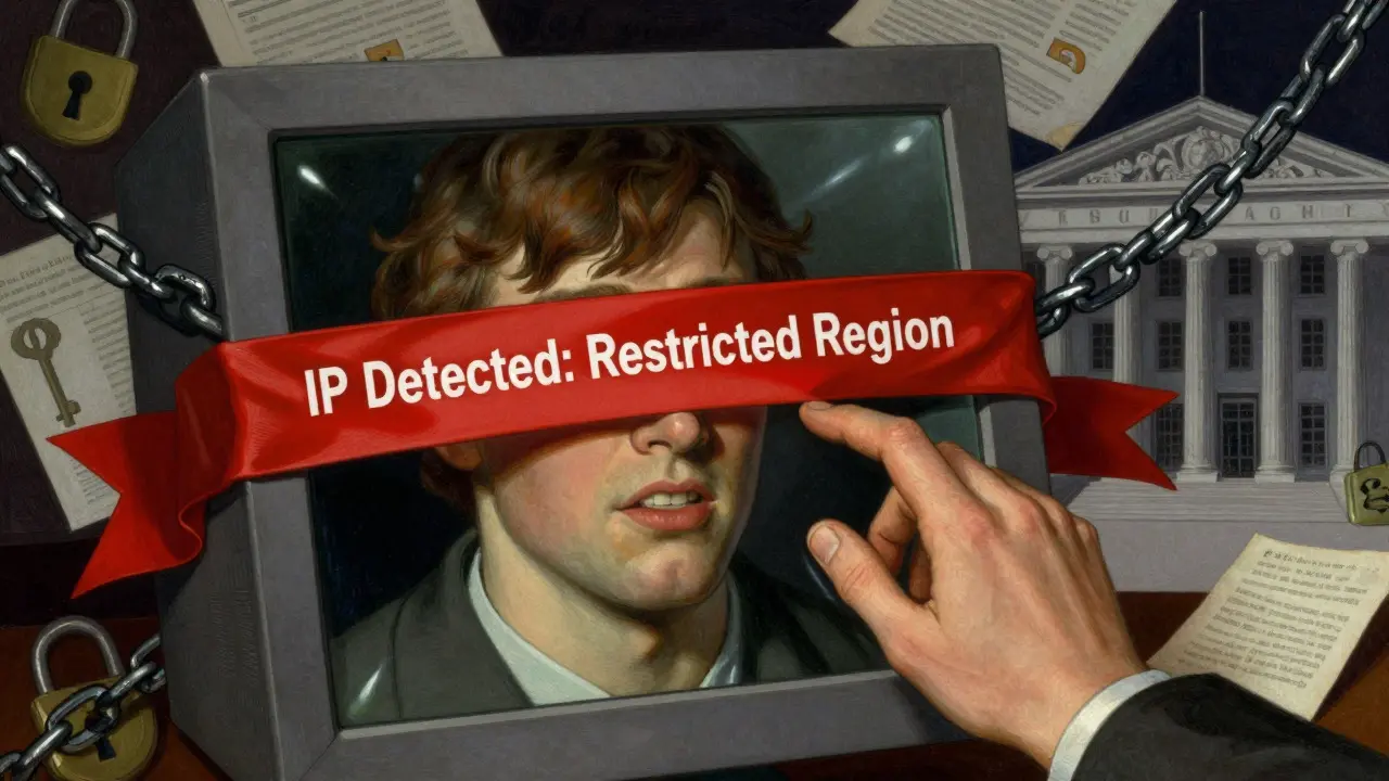 A dramatic Howard Pyle-style image of a user confronted by a red 'Restricted Region' banner on their interface, symbolizing the impact of OFAC and AML compliance rules on decentralized finance access.