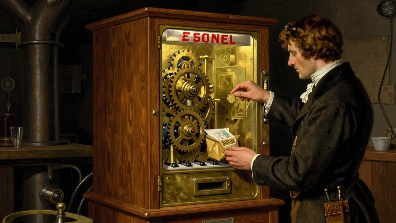 A mechanical device dispensing goods automatically, illustrating smart contracts and automation.