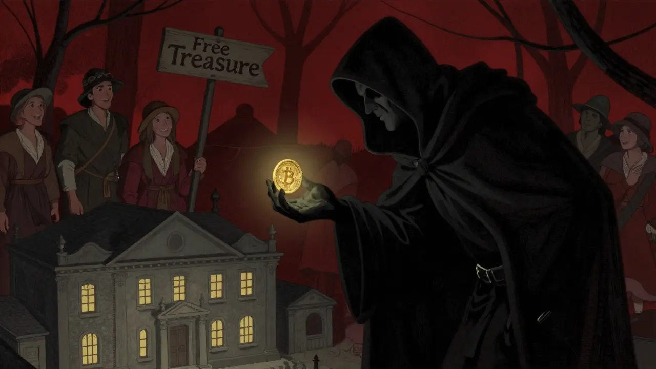 A shadowy scammer offering fake coins in a dim marketplace, warning against phishing sites.