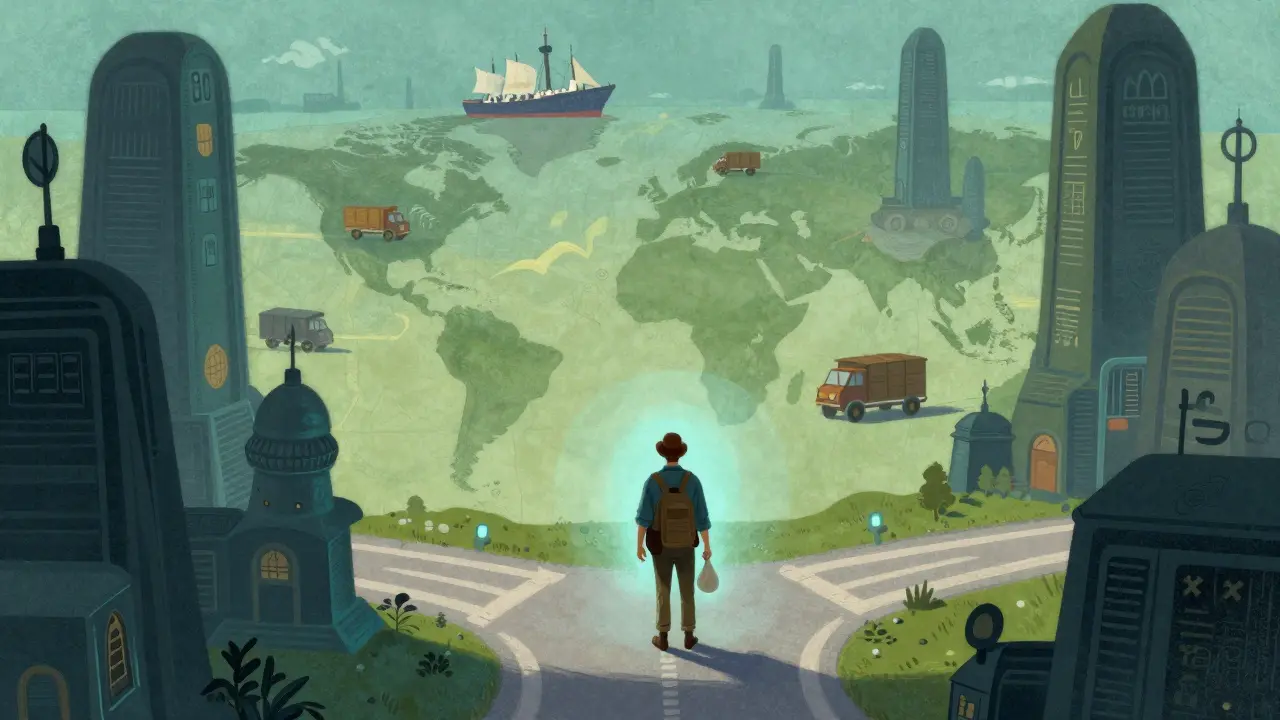 A traveler bypassing bureaucratic towers with a glowing pouch, representing easy global transfers.