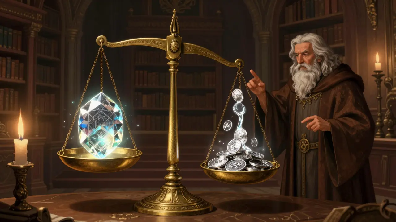 A wise scholar explains a balance scale holding governance gems and flowing silver coins.