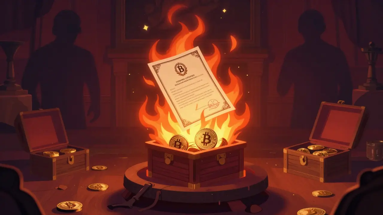 A wrapped token certificate burning in a brazier to release native coins
