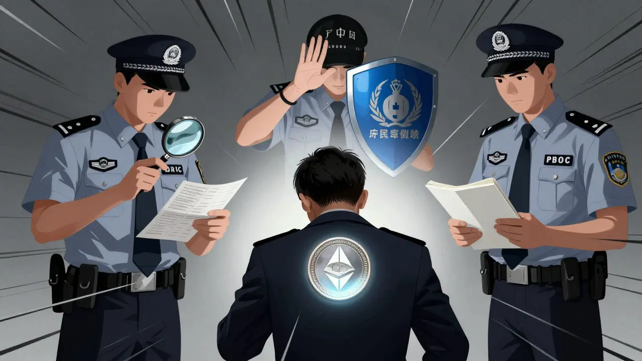 Agents surrounding a person hiding crypto coins in a surveillance net