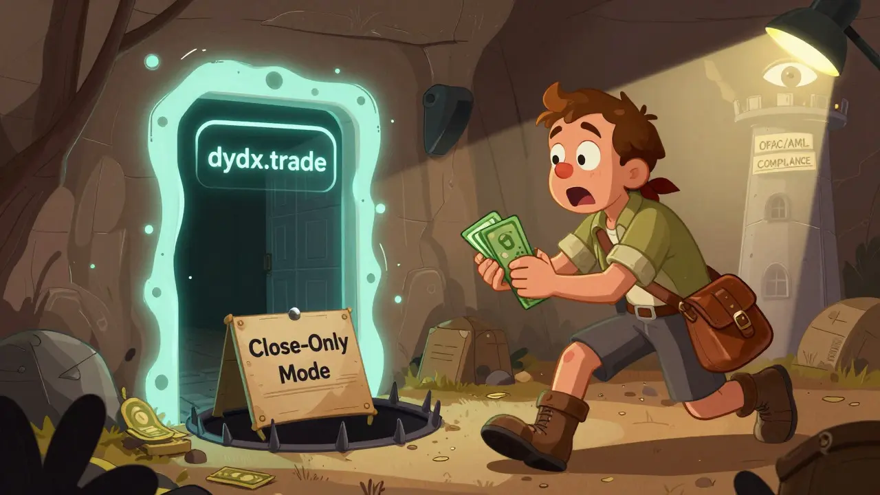 An adventurous Howard Pyle-style depiction of a trader falling into 'Close-Only Mode' on dYdX, illustrating the enforcement mechanism where new trades are halted but funds remain accessible for withdrawal under regulatory scrutiny.