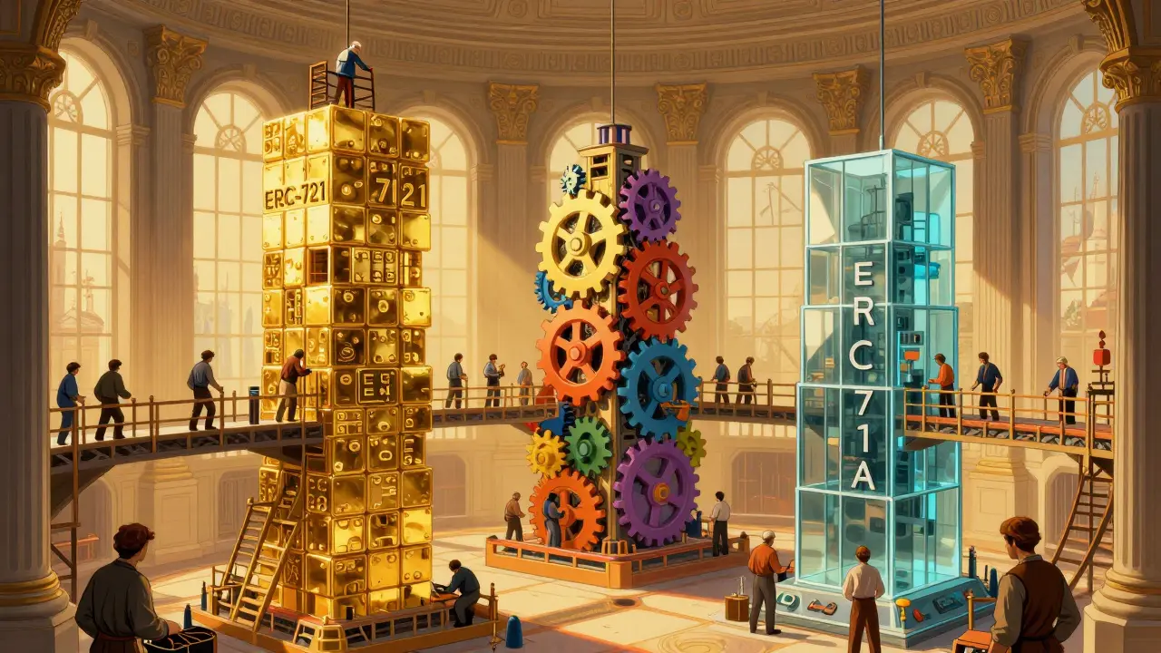 Builders connecting blockchain standard towers in Howard Pyle style
