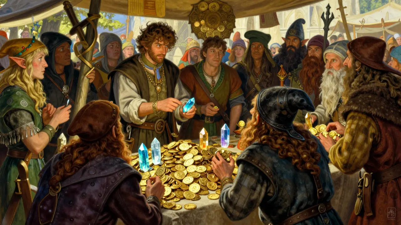 Busy fantasy marketplace with merchants trading glowing crystals and gold coins