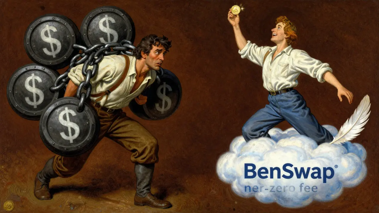 Cartoon showing a trader burdened by heavy chains versus one flying freely with low fees.
