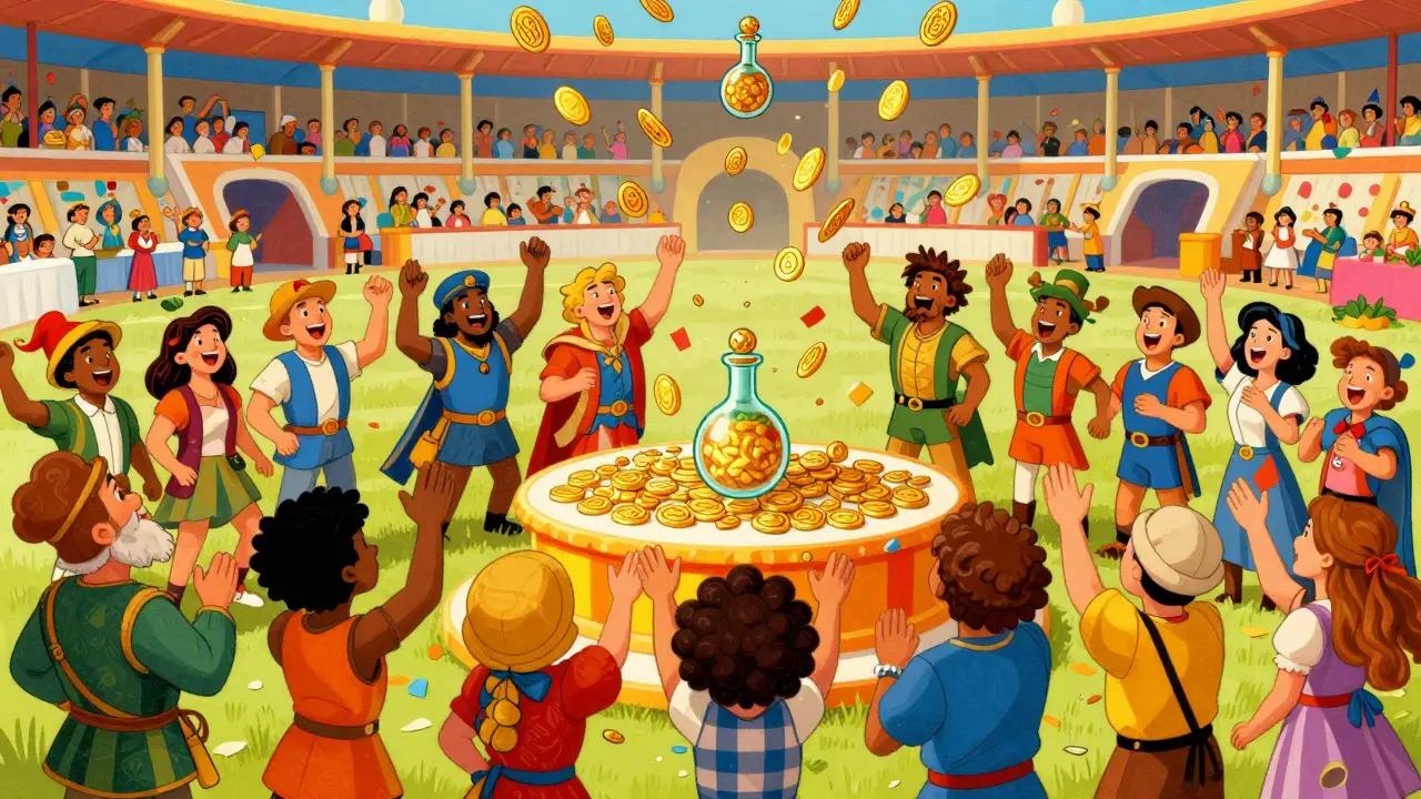 Characters celebrating as golden tokens and potions rain down in an arena