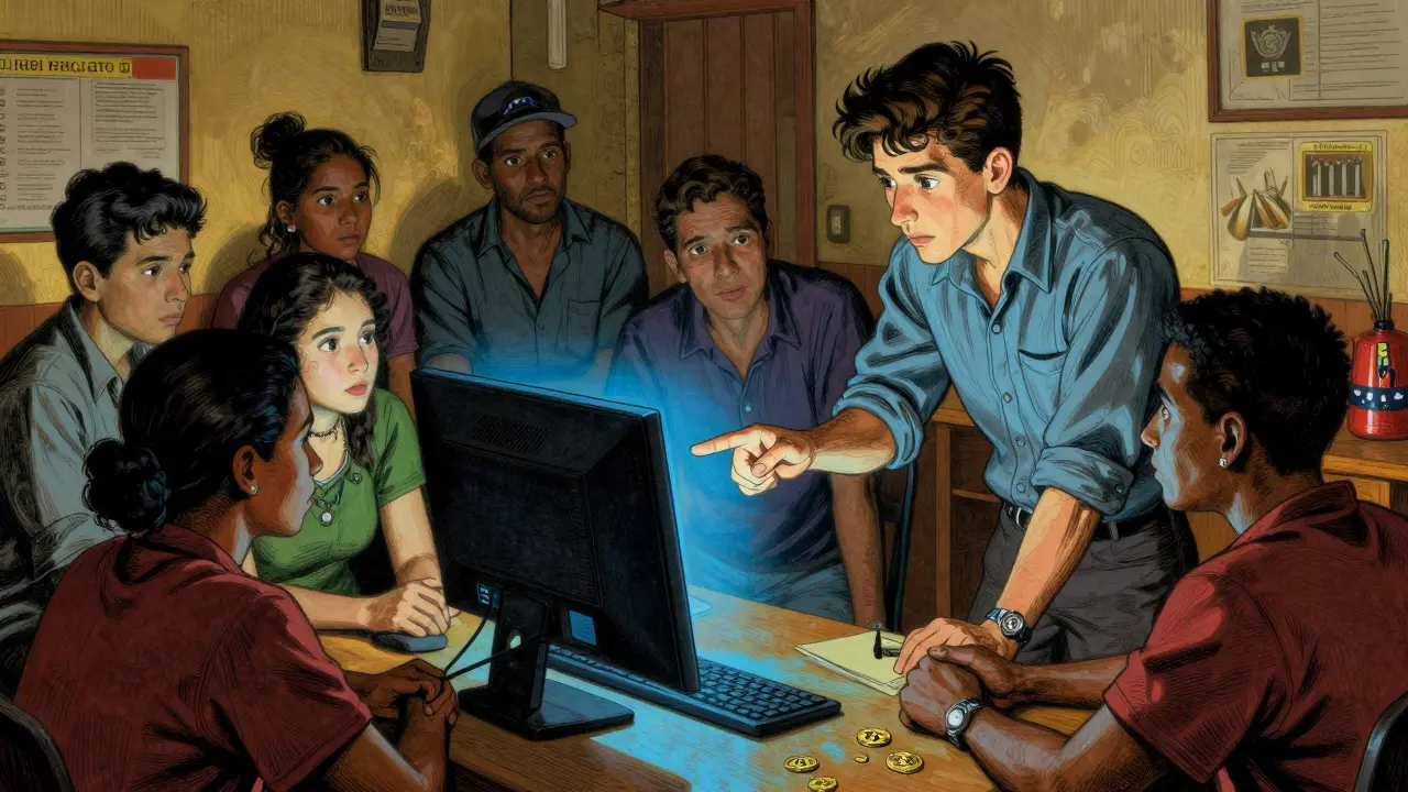 Community gathering around a computer to learn about digital wallets.