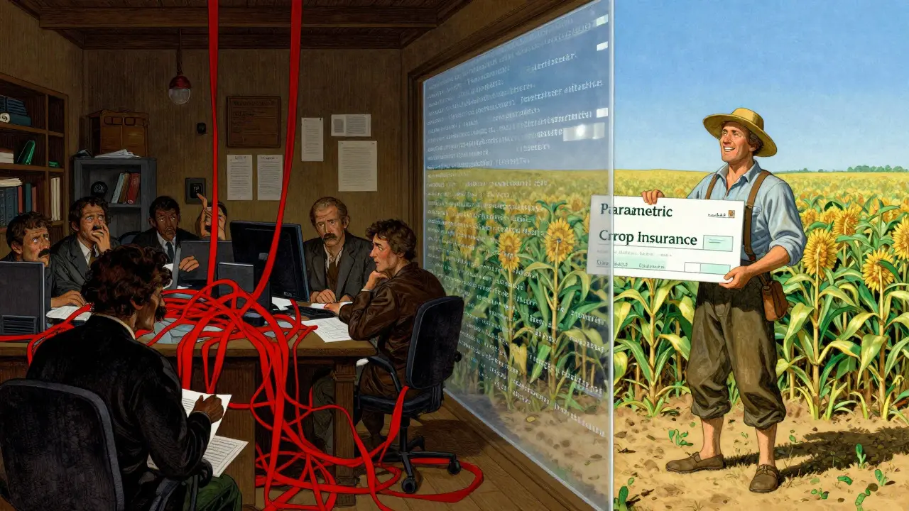 Contrast between bureaucratic chaos and efficient automated crop insurance payout.