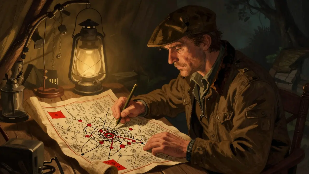 Detective examining a suspicious document with warning signs under a lantern's glow.