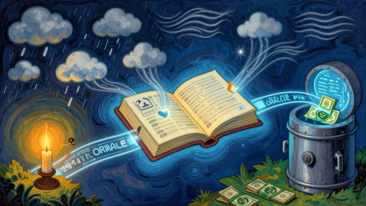 Digital ledger bridging weather data and fund release in a stylized illustration.