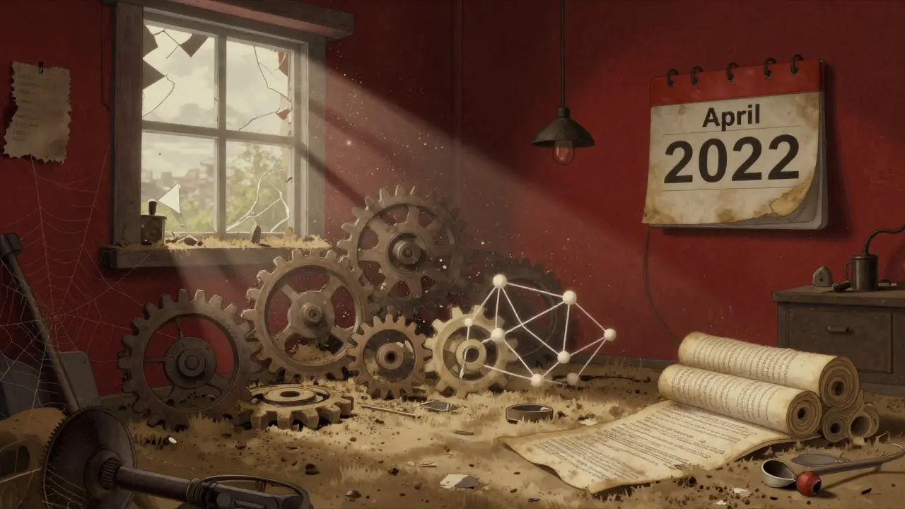 Dusty workshop with abandoned tools and a faded calendar showing stalled development.
