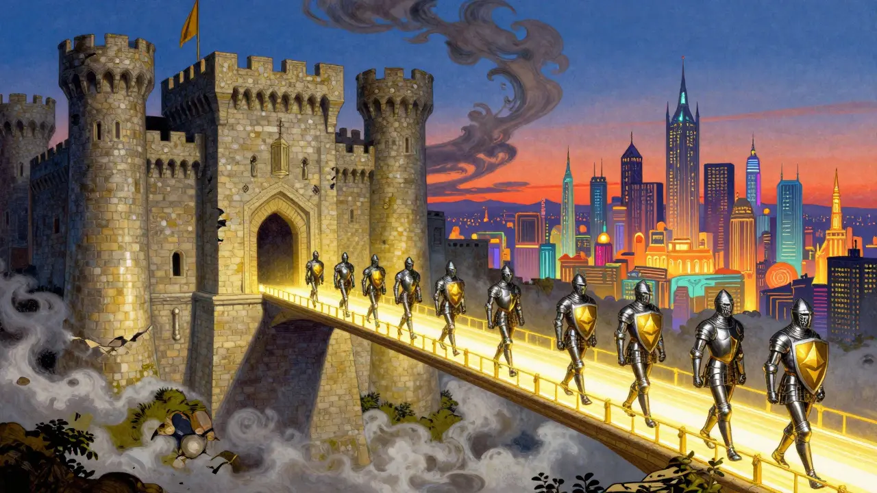 Fantasy illustration showing migration from an old fortress to a new bright city via a golden bridge.