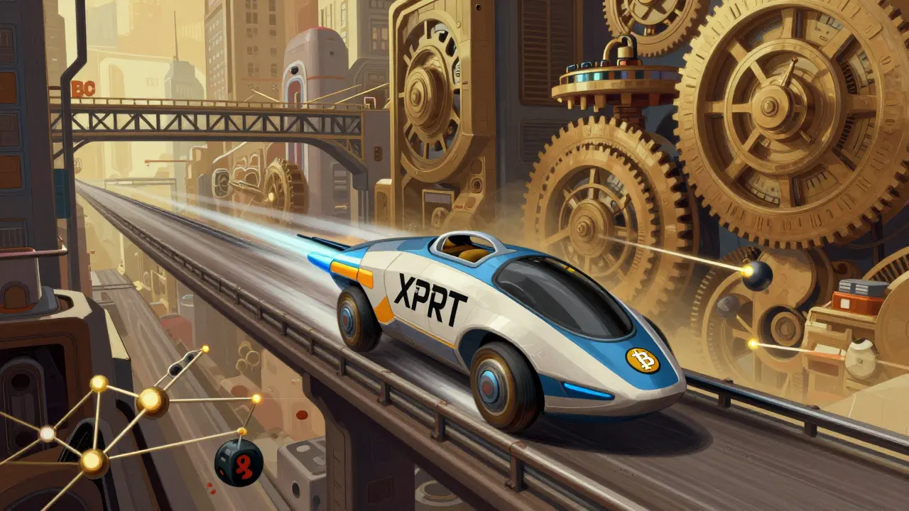 Fast-paced race through a mechanical city representing low-latency swaps