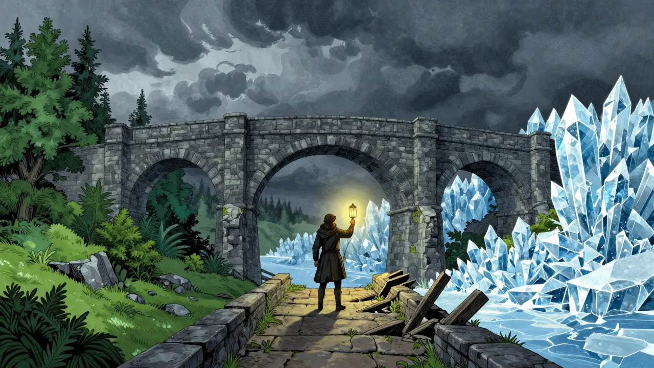 Figure crossing a broken bridge between two fantasy realms under stormy skies