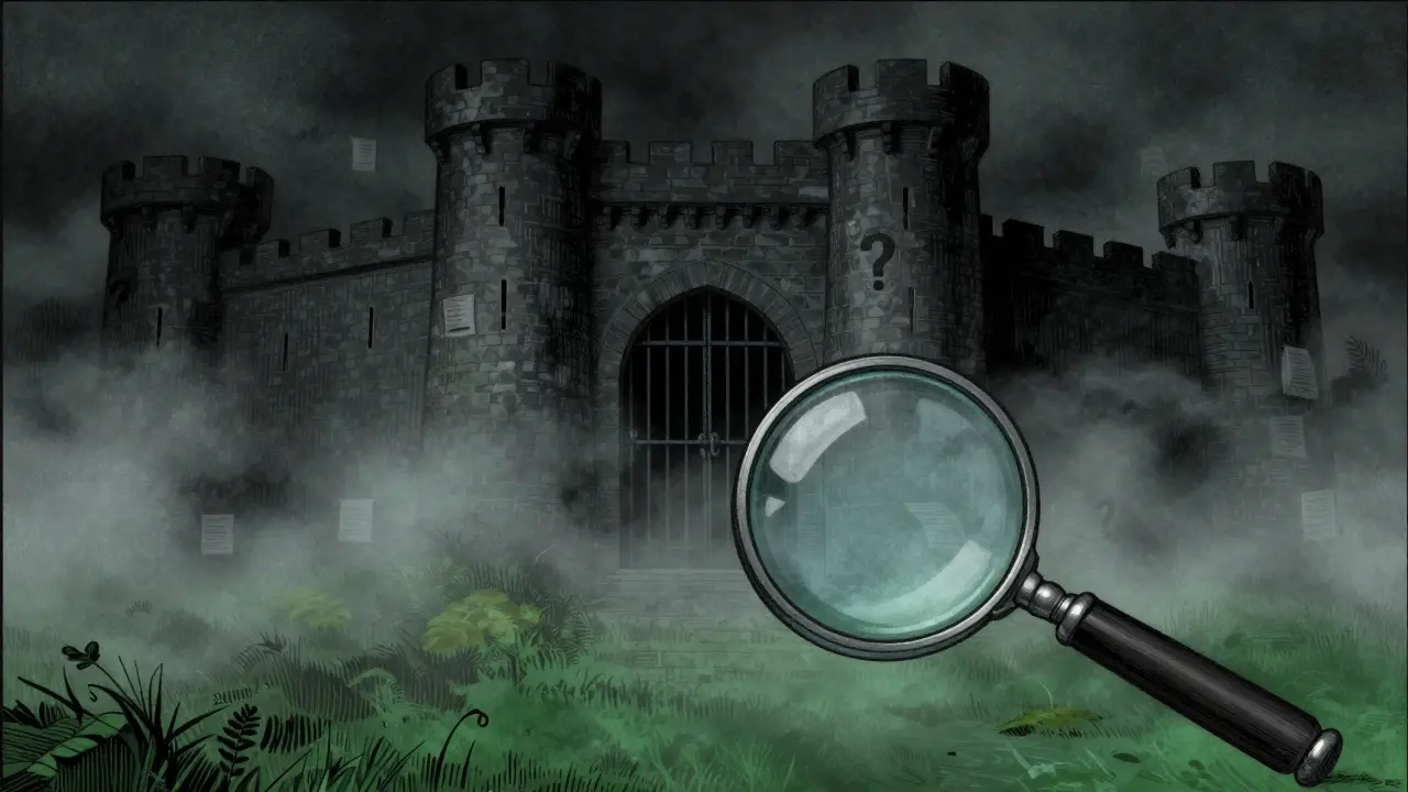 Foggy fortress symbolizing opaque exchange with no visible data or reviews.