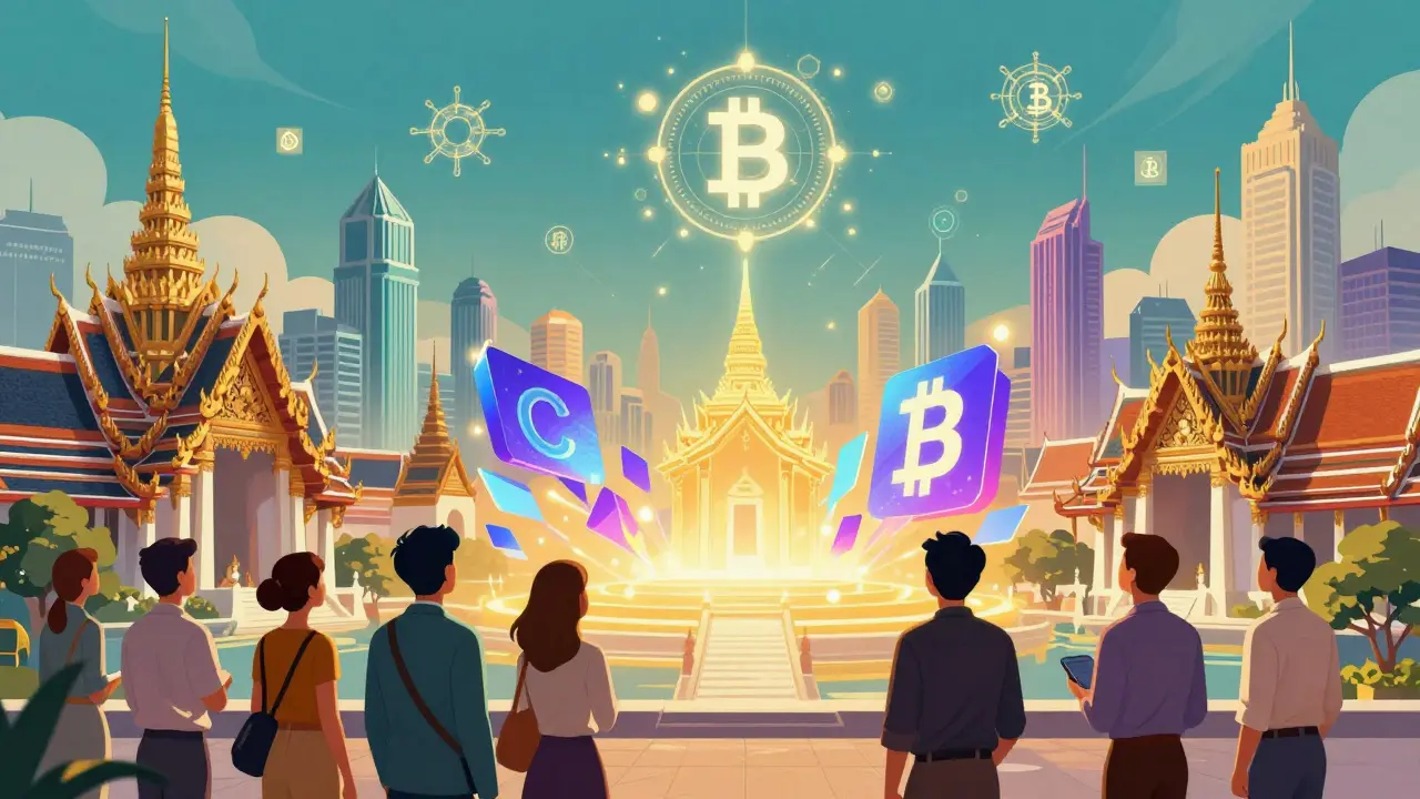 Futuristic Thai cityscape blending tradition with blockchain tech