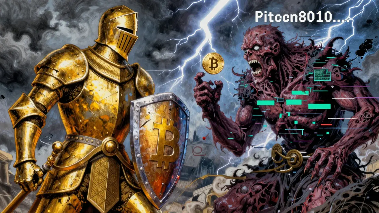 Golden knight representing real Bitcoin facing a glitching monster symbolizing a crypto scam.