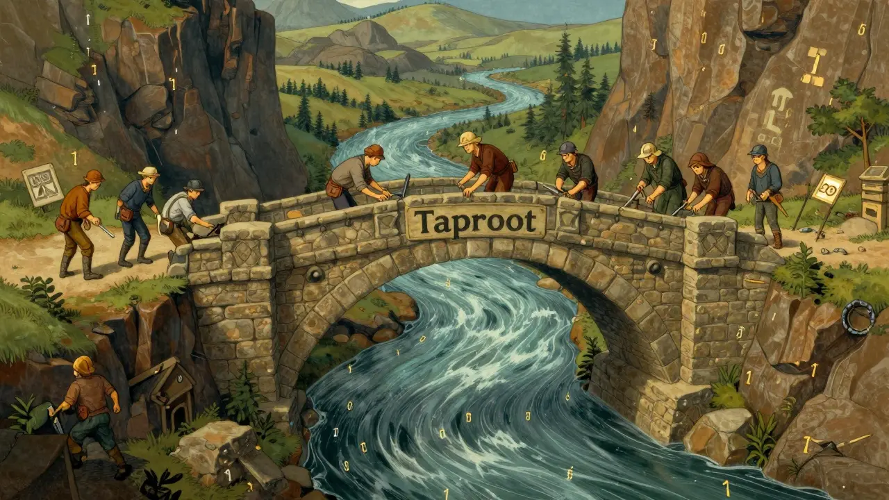Howard Pyle style art of Feathercoin's Taproot upgrade