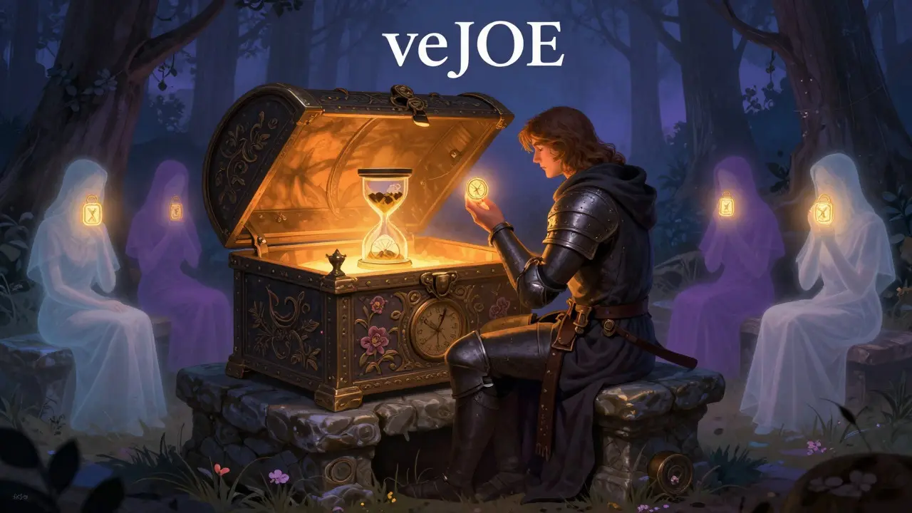 Howard Pyle style art showing a knight locking JOE tokens in a glowing chest to earn staking rewards over time.