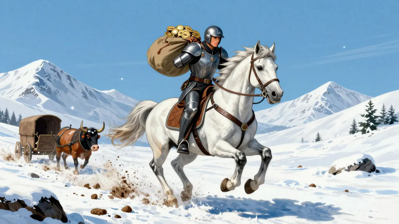 Howard Pyle style illustration of a swift courier on horseback delivering tokens quickly across snowy mountains.
