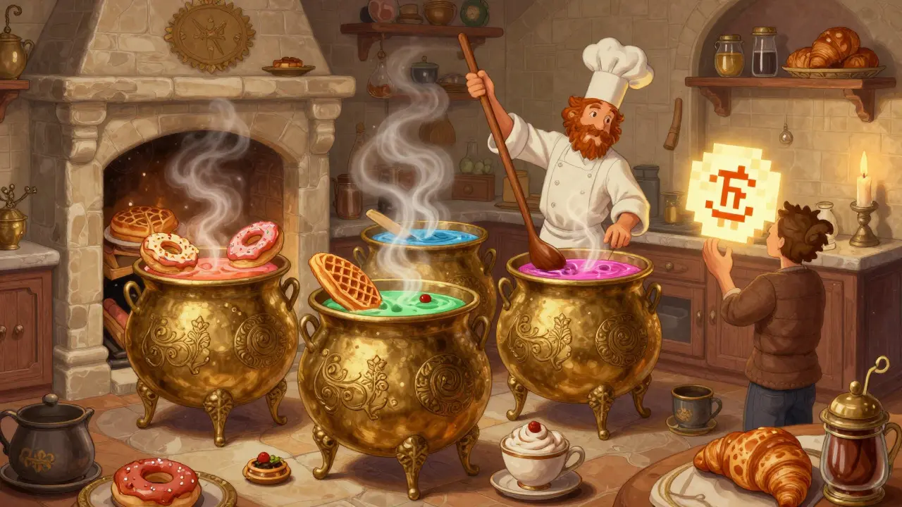 Illustration of a magical kitchen with cauldrons labeled as food-themed liquidity pools.