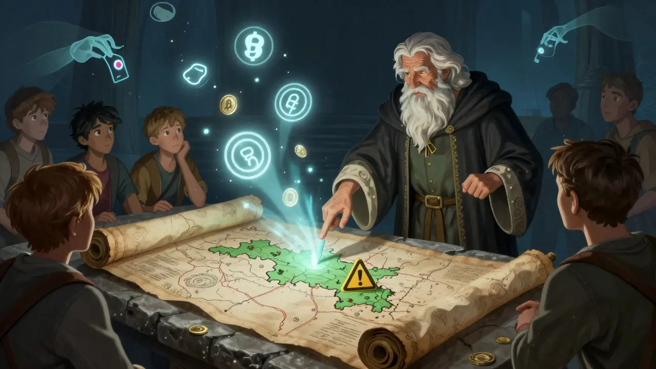 Illustration of an advisor warning adventurers about scams on a treasure map.