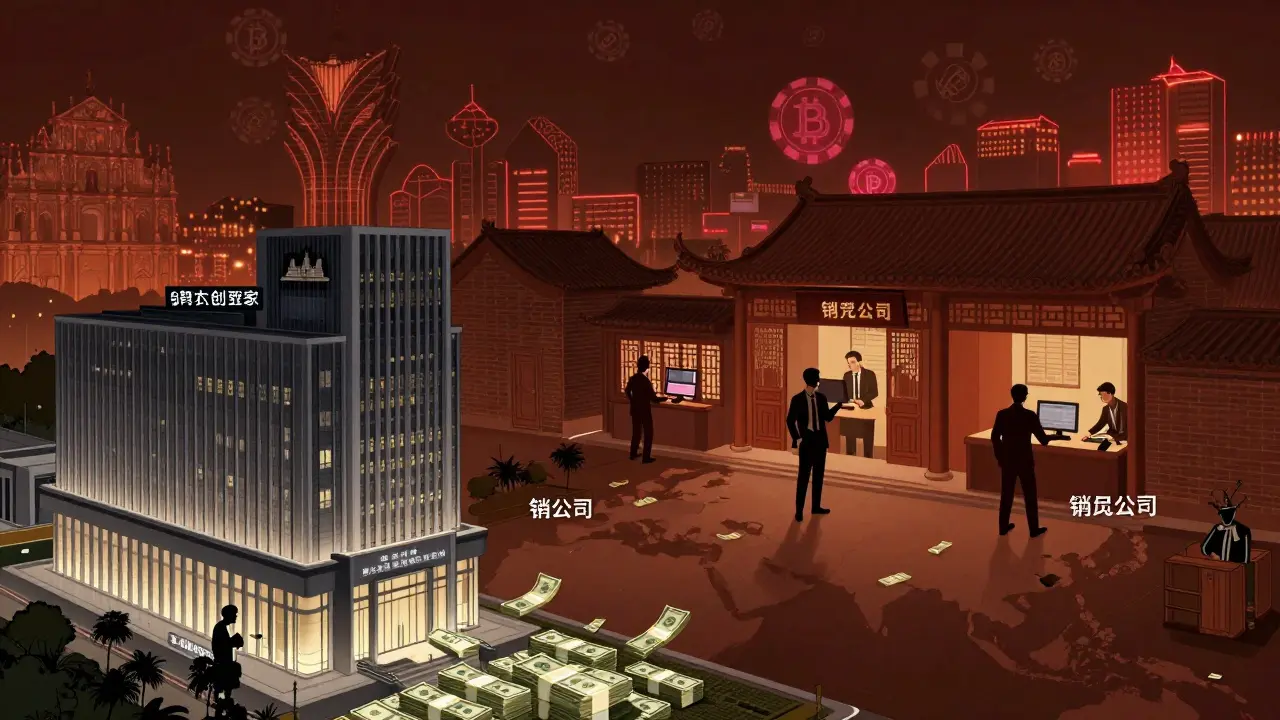 Illustration of money laundering hubs in Cambodia, China, and Macau