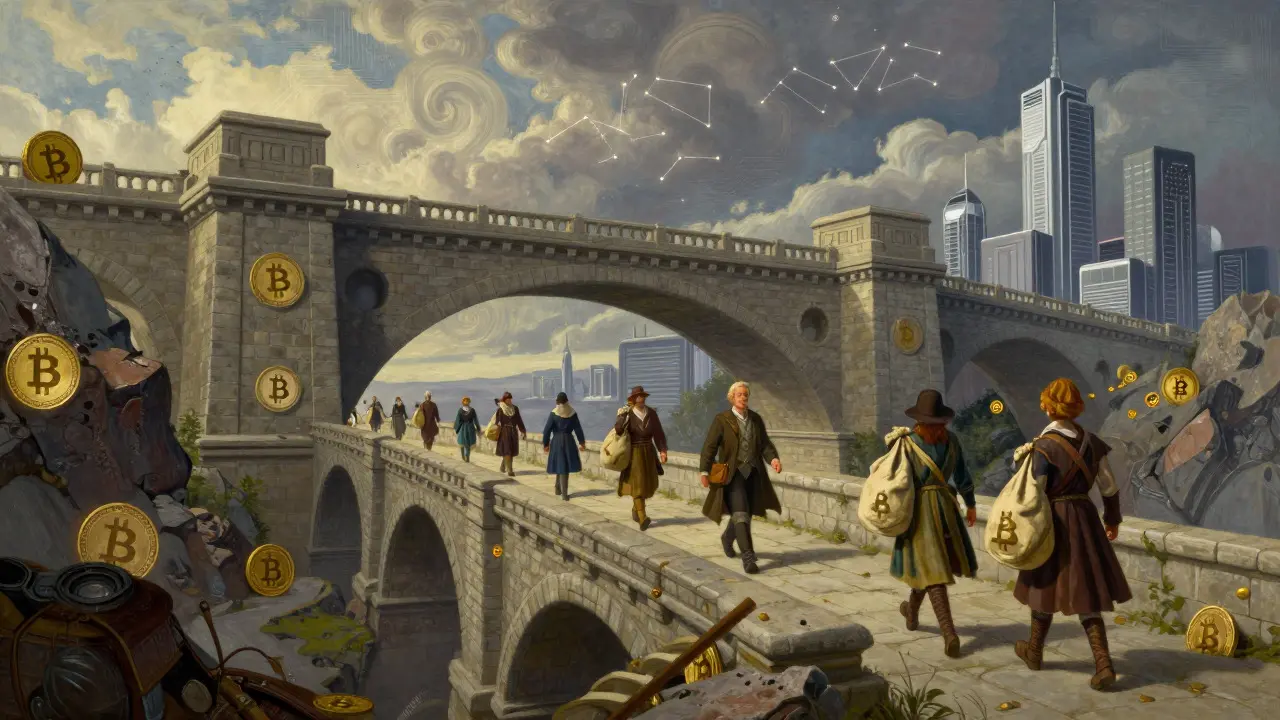 Illustration of people crossing a bridge connecting two different blockchain worlds.