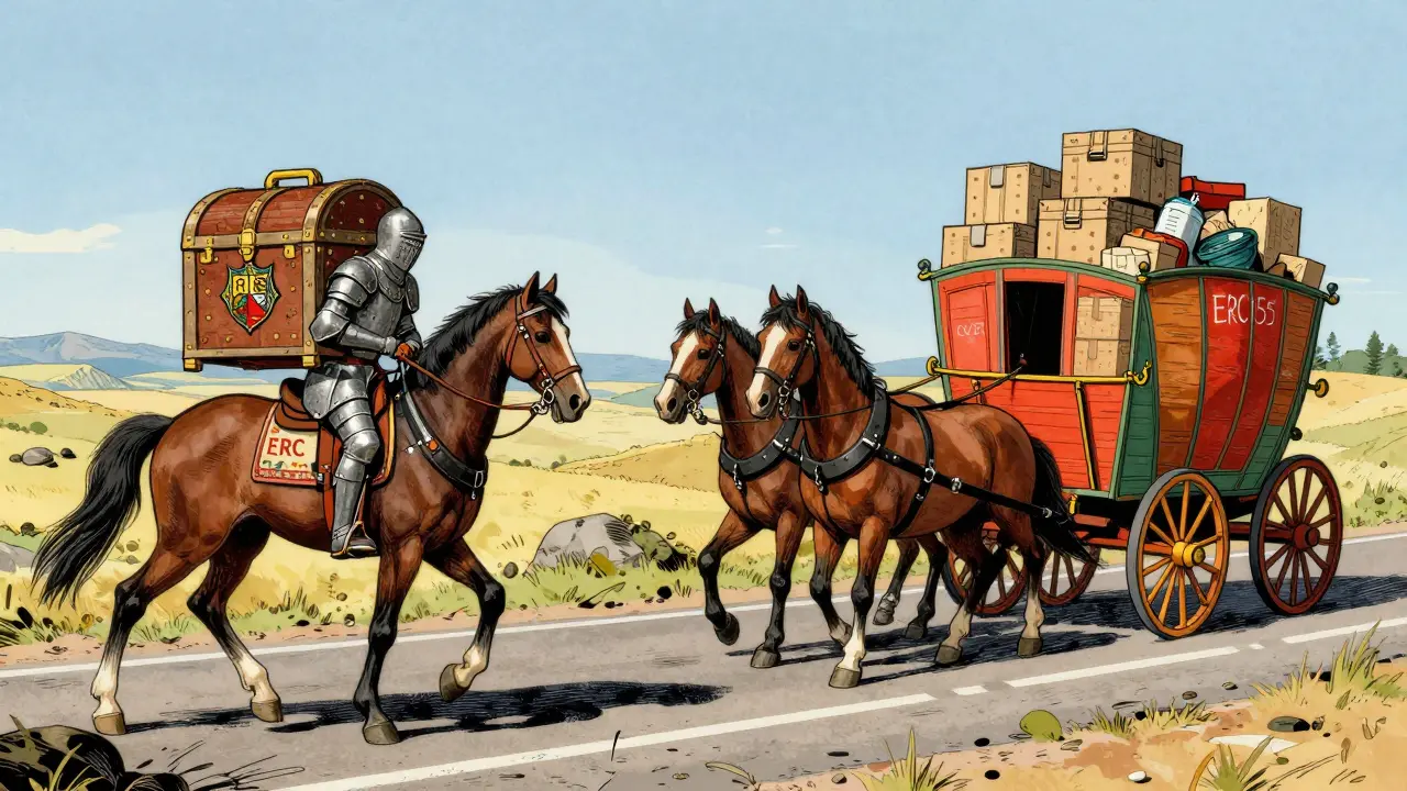Knight with single chest vs merchant wagon in Howard Pyle style