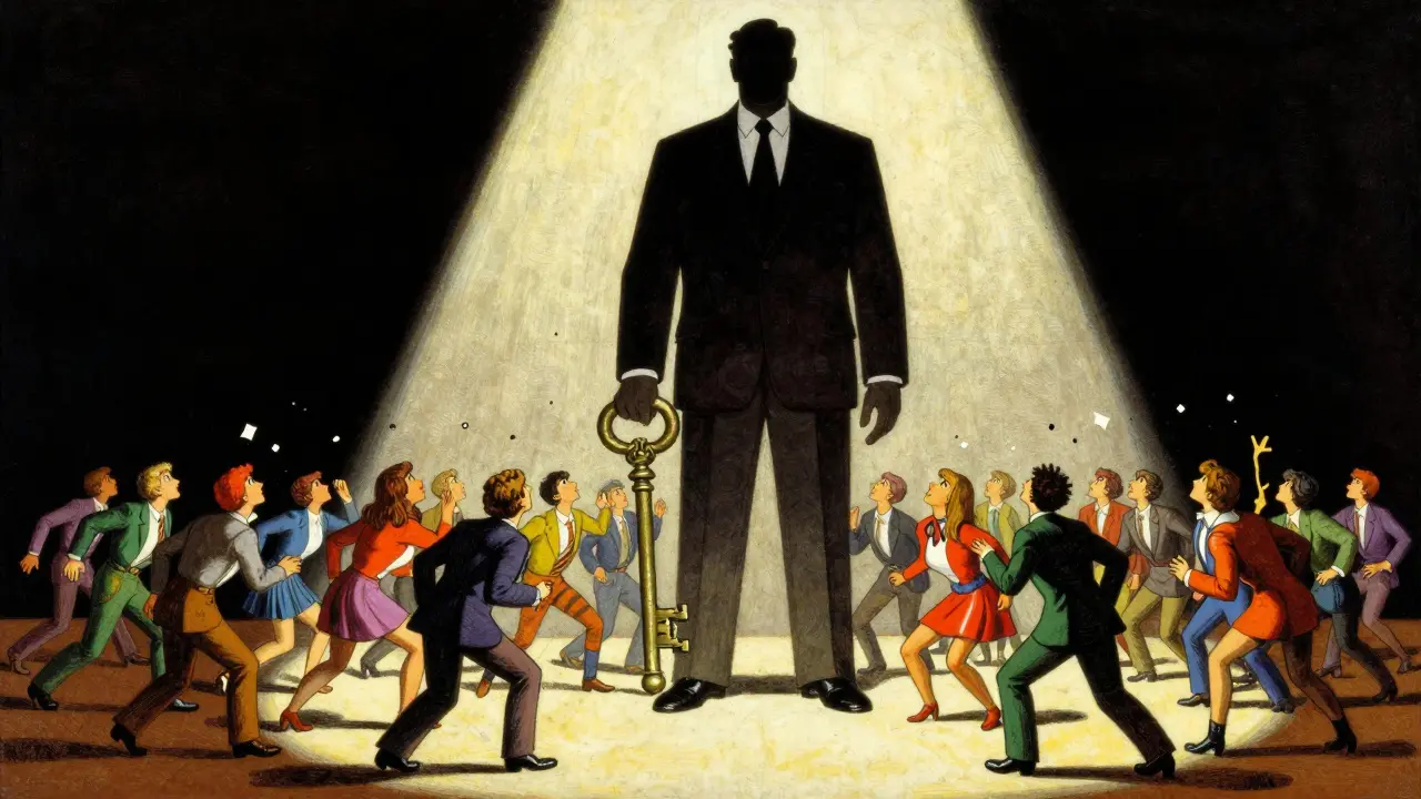 Large suited figure holding vault key surrounded by small swarming crowd