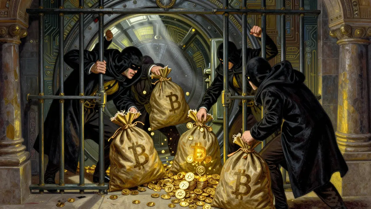 Masked thieves stealing crypto from a vault, symbolizing exchange hacks