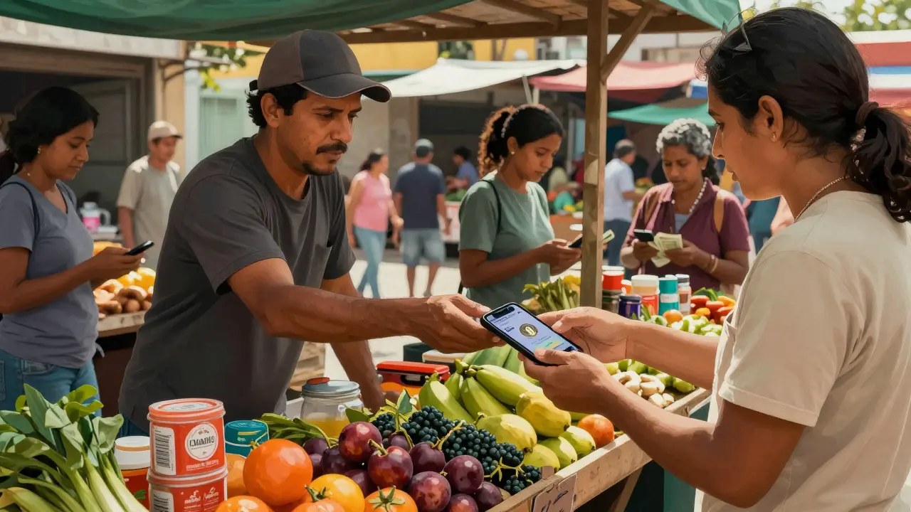 Merchant accepts crypto payment at market stall
