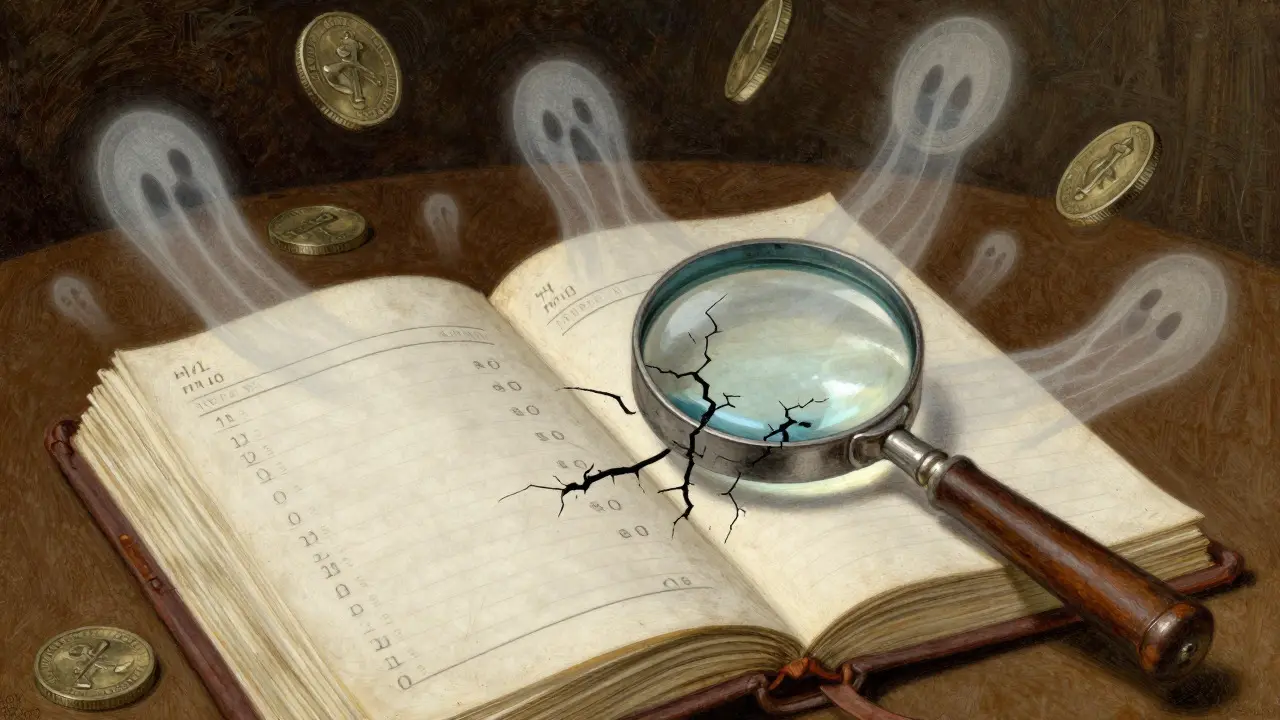 Open ledger with conflicting numbers and fading ghost coins illustrating data discrepancies.