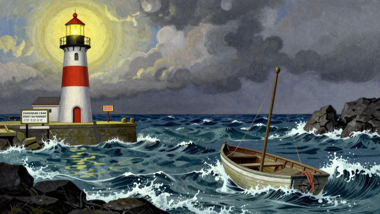 Safe lighthouse harbor vs. stormy sea representing risky unverified platforms.