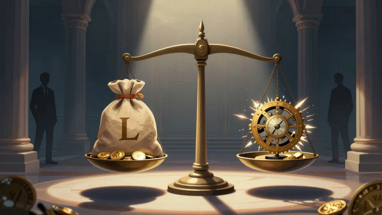 Scale balancing gold tokens against spinning clockwork mechanism