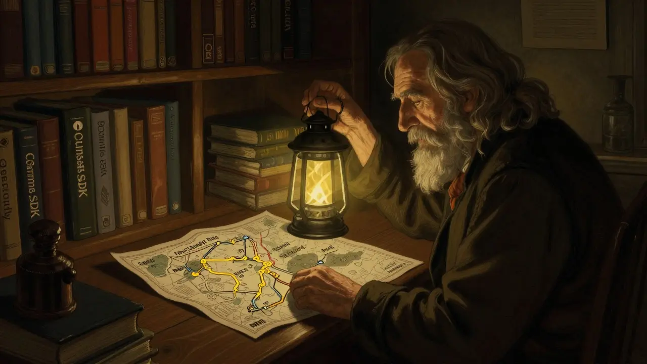Scholar studying a sparse map of niche trading pairs in a library