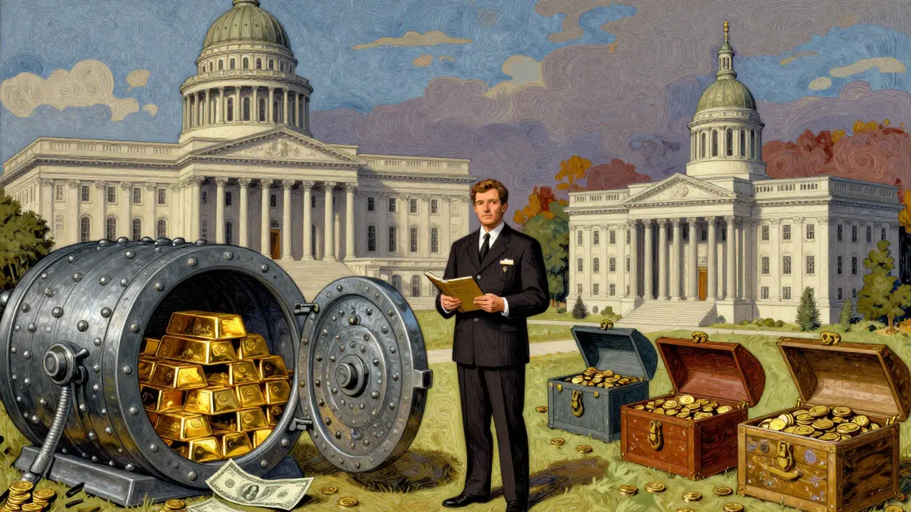 Split illustration of federal and state stablecoin oversight, Howard Pyle style